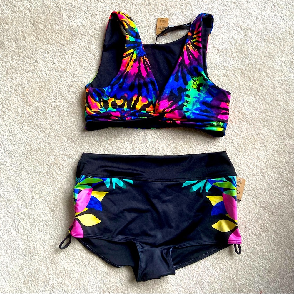 VS PINK Bikini Set Gym to Swim Tie-Dye Set Floral Shorties Cinch Waist Sport Bra